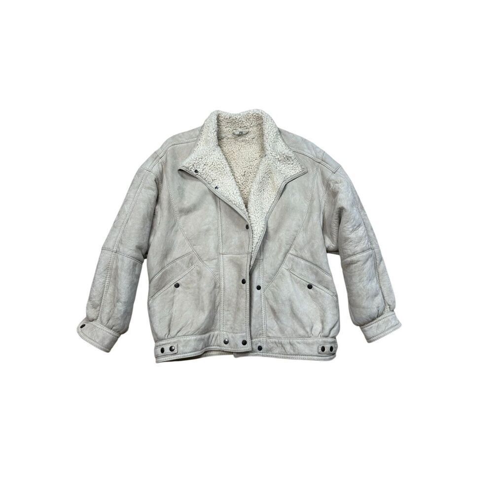 70s Vintage Knights Tailor Ltd Cream Shearling Suede Bomber Jacket Large